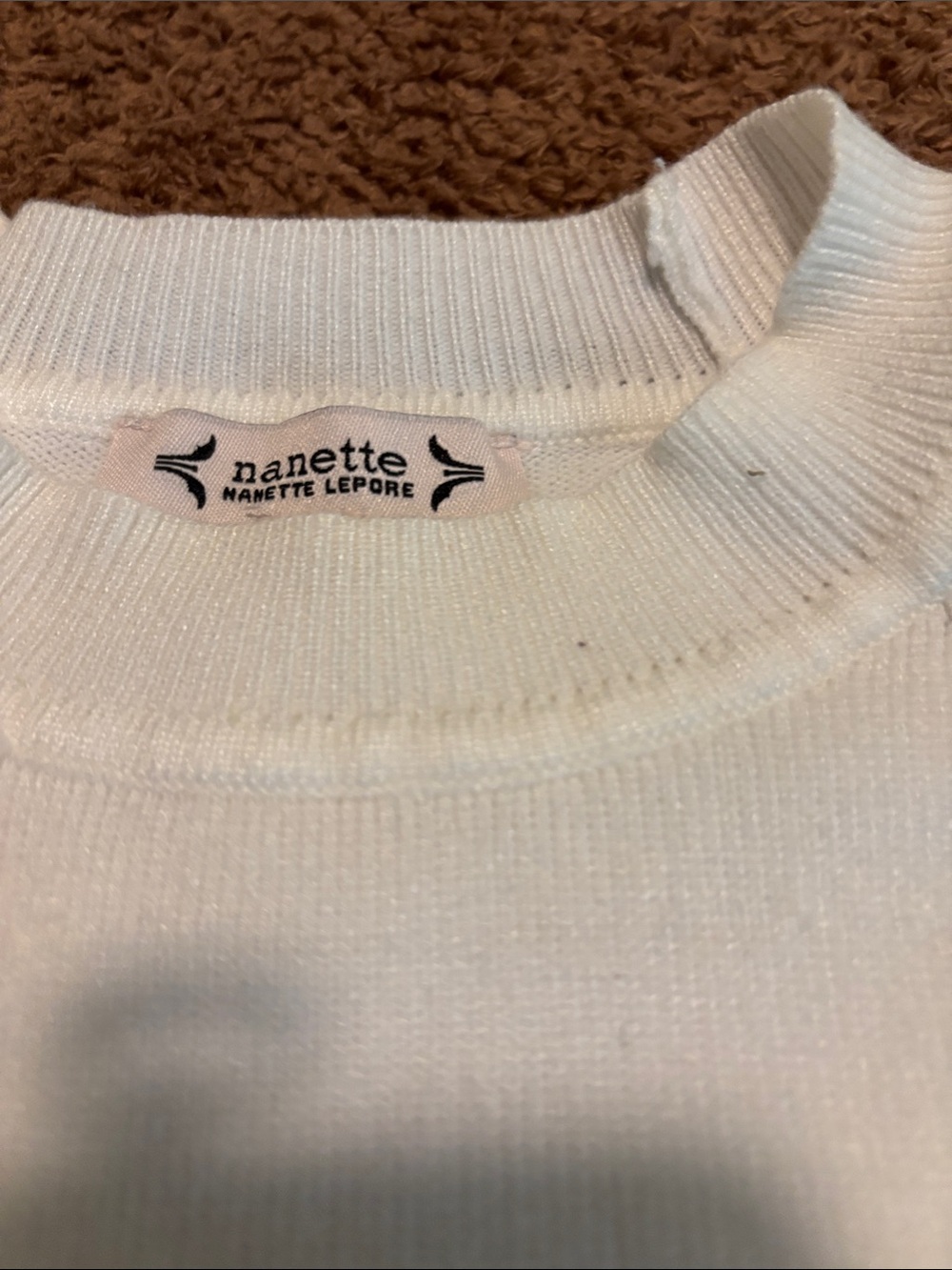 Nanette Lepore White Ribbed Crewneck Sweater with pearl button detail
